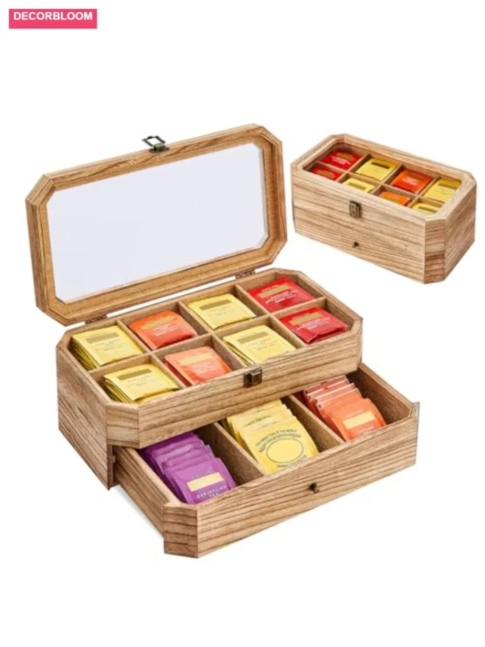 Solid Wood 2 Layer Tea Bag Organizer with Drawer Acrylic Window